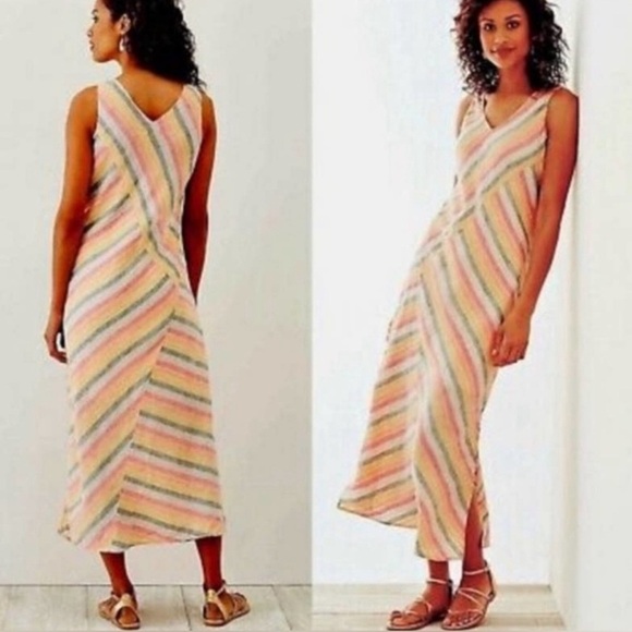 J Jill Love 100% Linen Coral Lotus Sleeveless Multi Striped Maxi Dress Medium - Picture 1 of 8